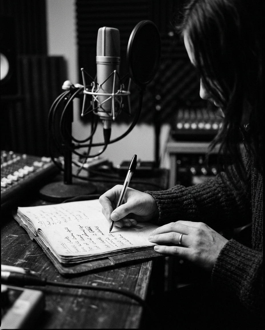 Black-and-white editorial photograph of a songwriter writing lyrics by hand, part of the culture DaPlug is built for